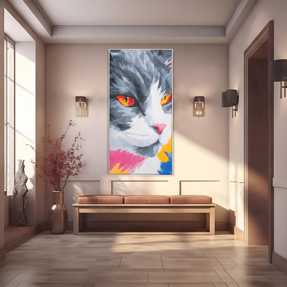 Tablou canvas cu tablou canvas cu portret de pisica, in rama de aluminiu argintiu